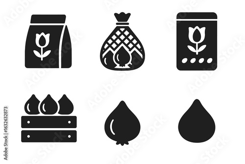 Tulip bulb and seed vector icon set. Solid glyph icons for gardening and agriculture. Includes paper bag, mesh sack, seed packet, and wooden storage crate for planting.