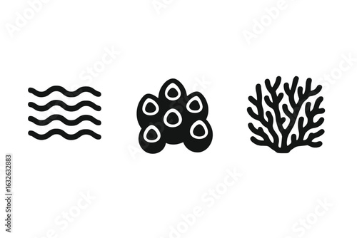 Underwater Texture Icons Set. Solid Filled Vector Symbols of Ocean Ripple, Seafloor Sand Waves, Barnacle Clusters, Coral Reef Textures. Marine Patterns for Nature, Biology, Sea Science Concepts