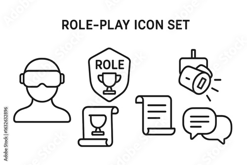 Role-play icon set vector. Outline vector icons for simulation, role-playing, VR headset, script scroll, stage spotlight, trophy badge, speech bubbles. Dialogue, theater, drama, virtual reality icons.