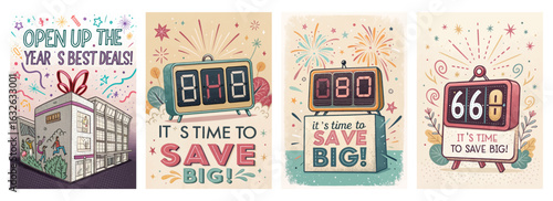 Set of four posters featuring illustrated countdown clocks with vibrant colors for sales events