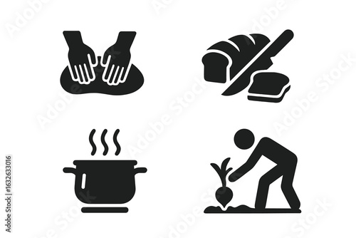 Traditional Cooking Process Icons Set. Solid Food Preparation, Kneading Dough, Slicing Bread, Boiling Pot, Harvesting, Farm to Table, Culinary Symbols, Kitchen Activities, Vector Illustration