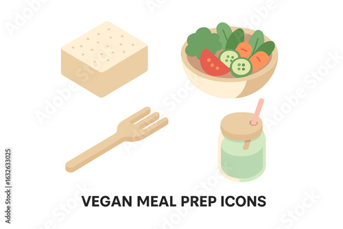 Vegan meal prep icon set. Isometric vector illustration of healthy plant-based food. Tofu block, veggie salad bowl, smoothie jar, and wooden fork for a balanced diet.