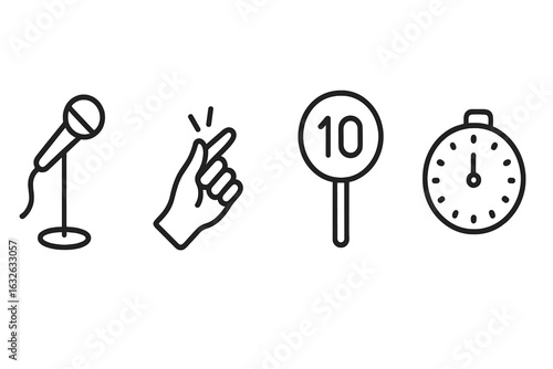 Slam Poetry Outline Icons Set: Microphone Stand, Snapping Fingers, Judges Score Paddle, Timer Clock, Performance, Competition, Spoken Word, Expression. Vector Illustration for Creative Event Concepts