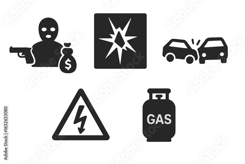 Urban danger icon set. Solid filled style vector illustration featuring armed robbery, broken glass, car accident, electrical hazard, gas leak. City emergency risk warning concepts.