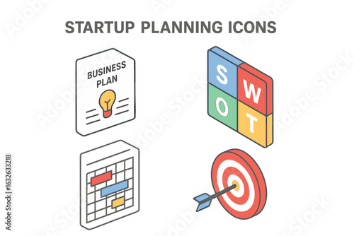Isometric Startup Planning Icons Set with Business Plan Document, SWOT Analysis Chart, Gantt Chart, and Project Management Tools for Startup and Business Strategy Vector Illustration