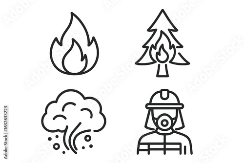 Wildfire line icons. Forest fire safety. Burning tree. Flame symbol. Smoke, haze, ash cloud. Firefighter, rescuer pictogram. Climate change disaster. Hazard, prevention concept.