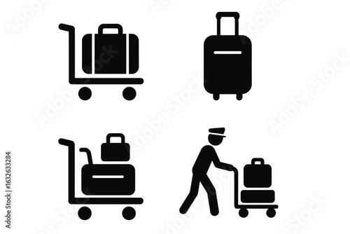 Airport luggage icon set, solid black travel symbols, suitcase trolley, rolling baggage, luggage cart, porter carrying bags, travel assistance, transparent background vector illustration