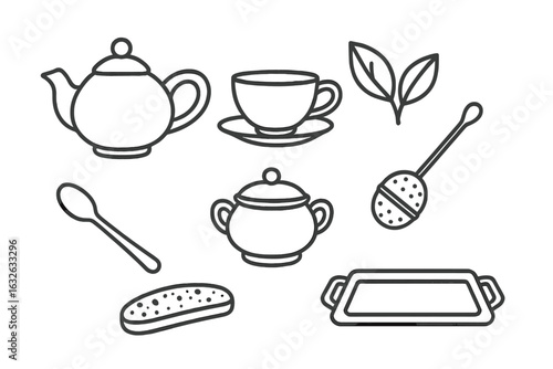 Tea Time Icons Vector Set. Outline Style English Afternoon Tea Ritual Elements: Teapot, Teacup, Saucer, Tea Leaves, Tea Infuser, Sugar Bowl, Teaspoon, Biscotti, Serving Tray, Isolated Clipart.