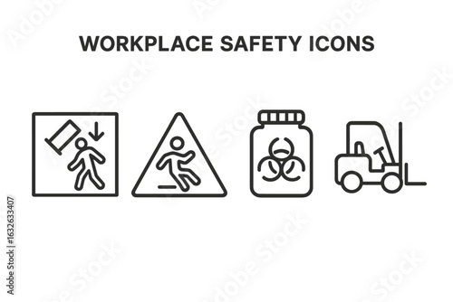 Workplace safety icons set. Outline vector collection of industrial hazard signs. Falling object warning, wet floor slippery caution, biohazard waste, forklift symbol.