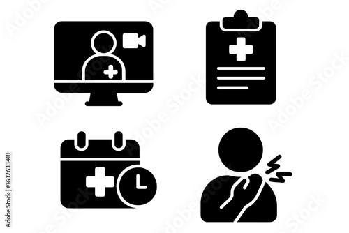 Telehealth service icons set. Solid vector illustrations of online medical video consultation, digital health report, appointment scheduling, patient symptoms, remote healthcare, telemedicine