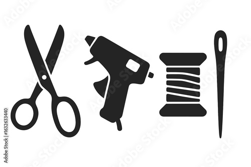 Vintage Sewing Tools Icon Set. Solid Silhouette Collection of Fabric Scissors, Hot Glue Gun, Thread Spool, Sewing Needle. Retro Craft Supplies, Tailor Equipment, DIY Handmade Vector Illustration