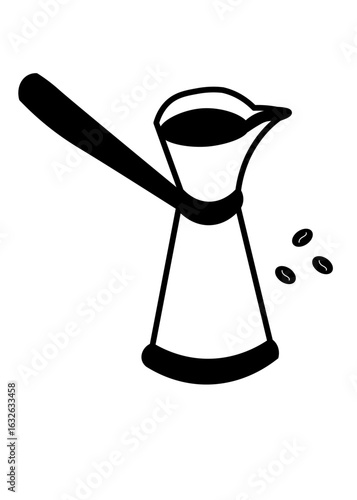 Minimalistic black silhouette of a traditional Turkish coffee pot (cezve or ibrik) with scattered coffee beans.