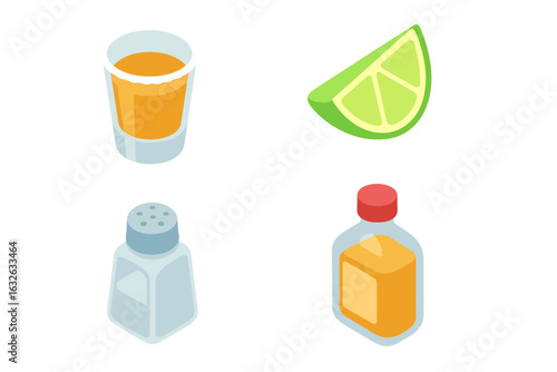 Isometric tequila celebration icons collection. Shot glass with tequila, lime wedge, salt shaker, and tequila bottle. Party drink set. Mexican bar essentials. Festive vector illustration isolated.