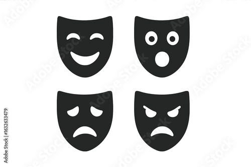 Emotional Drama Masks Icon Set. Solid black vector illustration of theater expressions mask, happy, surprised, sad, angry faces. Comedy, tragedy, acting, performance, theatre concept.