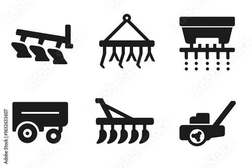 Agricultural Tractor Equipment Solid Icons Set. Black Silhouette Vector Symbols of Plow, Harrow, Seed Drill, Cultivator, Trailer, Lawn Mower. Farm Machinery Tools Isolated Illustration for Field Work
