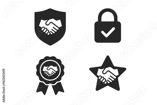 Solid Handshake Trust Symbols Icon Set. Security, Partnership, Trust, and Reliability Vector Collection with Shield, Lock and Check Mark, Medal Ribbon, Star. Business Protection Icons.