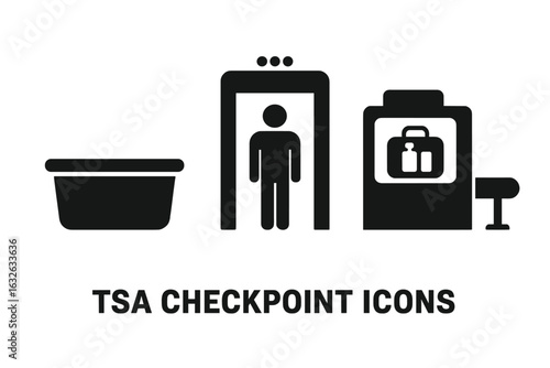 TSA Airport Security Checkpoint Vector Icons Set. Plastic Bin, Walk-Through Metal Detector, Luggage X-Ray Scanner, Security Screening Symbols, Transportation Safety, Black Silhouette Illustration
