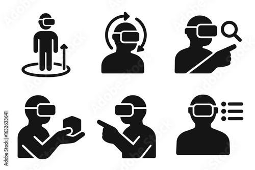 Virtual reality icons solid filled set. VR headset user interaction, teleport, rotate view, zoom search, augmented reality object manipulation, point selection, virtual menu interface actions vector