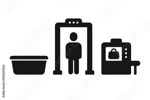 Airport Security Checkpoint Icons Set. TSA Security Screening Essentials. Plastic Bin, Walk-Through Metal Detector, X-Ray Scanner Machine. Vector Illustration. Travel Safety Concept