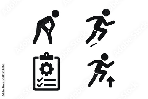 Training preparation icons set. Athlete warm-up, running, jumping, fitness routine symbols, solid sports pictograms. Exercise checklist, goal setting, workout improvement concepts vector illustration