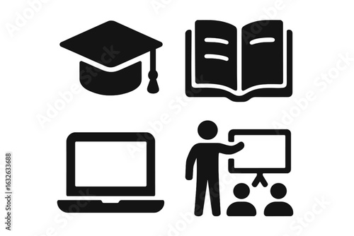 Training and Development Icon Grid with Solid Filled Symbols Including Graduation Cap, Open Book, Laptop, Presentation, Education and Learning Vector Illustration on Transparent Background