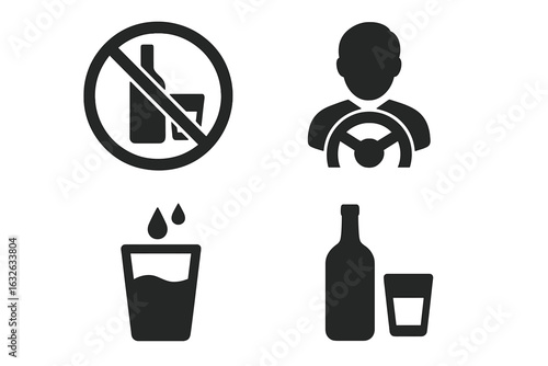 Alcohol Safety Icon Set. No Alcohol, Drink Responsibly, Designated Driver, Hydration Symbol. Black Solid Alcohol Bottle, Glass, Prohibition Sign, Responsible Drinking, Vector Illustration
