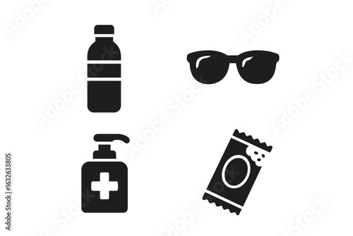 Essential Travel Accessories Icon Set. Solid Filled Vector Illustrations of Personal Items Including Water Bottle, Sunglasses, Hand Sanitizer, Snack Bar. Must-Have Items for Safe Healthy Journeys