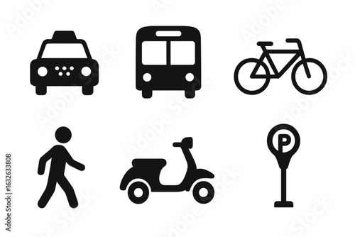 Urban transportation icon set. Solid filled vector symbols of taxi, bus, bicycle, scooter, pedestrian, parking meter. Modern city transport, public transit, mobility, road travel illustration.