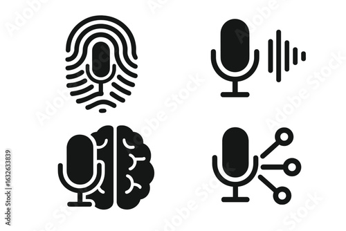 Voice technology icon set with solid filled designs including voice recognition fingerprint, voice print, waveform analysis, and neural network vector illustrations on transparent background