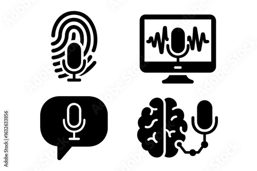 Voice recognition technology icons set. Solid filled microphone, fingerprint voice print, speech waveform, neural brain vector. AI speech analysis, audio interface, smart assistant, communication tech