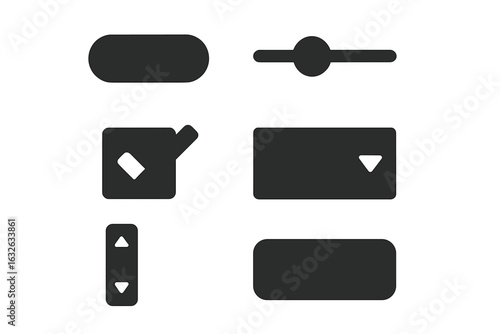Modern UI Interface Elements Set. Solid Black Filled Vector Icons. Button, Slider, Checkbox, Dropdown Menu, Scrollbar, Text Field. Minimal User Interface Symbols for Web or App Design