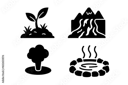 Volcanic ecology icons set. Solid black vector of pioneer plant, mountain lava flow, volcanic steam vent, geothermal hot spring. Nature adaptation, eruption environment, geology concepts