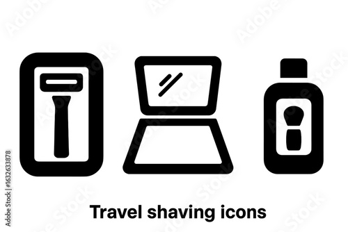 Travel shaving kit icons. Solid vector set of portable shaving essentials for men. Razor in travel case, foldable pocket mirror, compact aftershave bottle. Minimal black glyph isolated icons.
