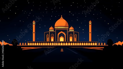 Illuminated mosque at night against a starry sky.