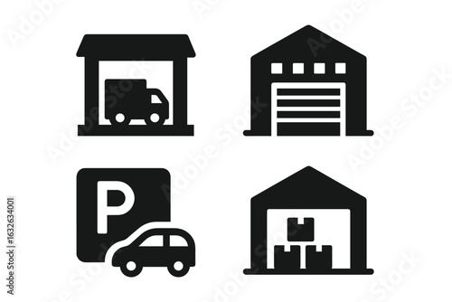 Warehouse Logistics Icon Set. Solid Black Vector Illustrations of Warehouse Building, Delivery Truck Loading Bay, Storage Facility, Parking Area, Transportation and Distribution Symbols
