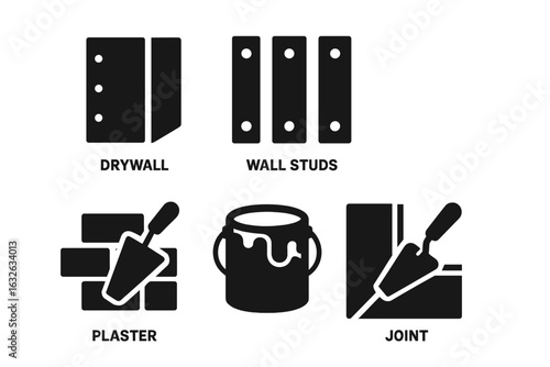 Wall construction icons set. Solid filled vector icons of drywall, wall studs, plaster, paint can, joint compound, building materials, renovation, home repair, construction tools isolated