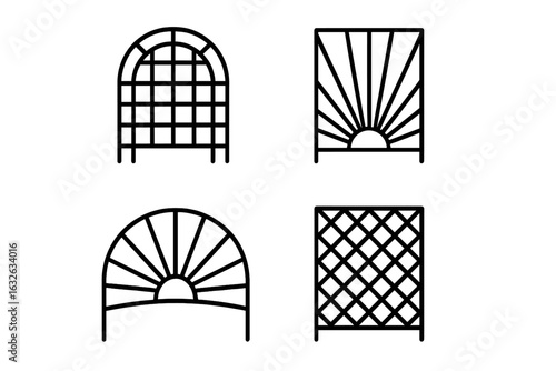 Trellis design icon set. Outline vector collection of garden trellis designs, arched trellis, sunburst trellis, fan shape, lattice grid panel. Decorative garden structures for climbing plants.
