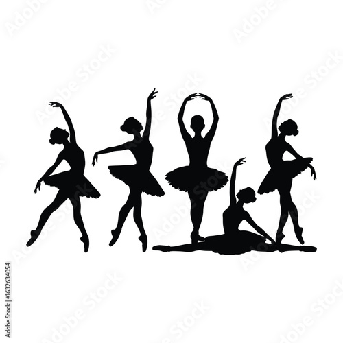 Silhouette lady ballet techniques choreography, Ballerina training performance. Ballet pirouette dance pointe silhouettes, Set of ballerina Silhouette.