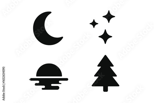 Twilight Nature Icons Collection. Solid Filled Vector Set of Crescent Moon, Setting Sun, Stars, Pine Tree Silhouette. Night Sky, Nocturnal Scenery Symbols, Wilderness, Minimalist Outdoor Elements