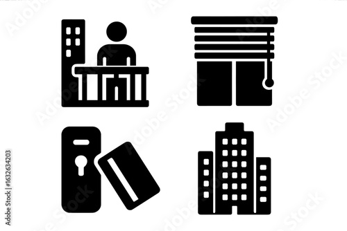 Urban Living Icon Set. Modern City Apartment Vector Collection with Balcony View, Window Blinds, Keycard Entry System, High-Rise Skyscraper Illustrations. Real Estate, Rental, Security