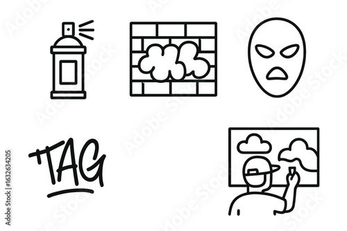 Urban street art and graffiti icons set. Outline vector illustration of spray paint can, graffiti wall, stencil, TAG lettering, mural artist painting. Street culture, urban expression concept