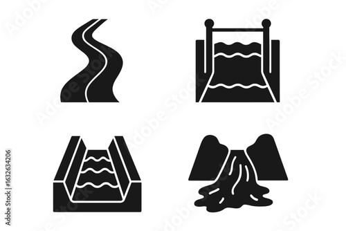 Water channel icons set. Vector illustrations of river curve, canal lock, irrigation channel, water stream, flow, waterway infrastructure, engineering, and hydrology design elements isolated