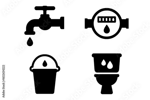 Water conservation icons set. Solid silhouette vector collection of dripping faucet, water meter, water bucket, toilet flush. Eco saving, plumbing, utility, household water management symbols.