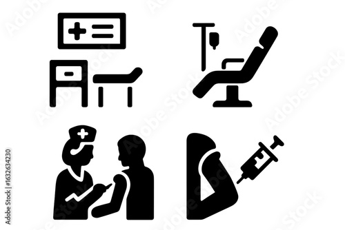 Vaccination and Immunization Icon Set. Medical Clinic Room, Hospital Chair for Injection, Nurse Giving Vaccine, Patient Arm Receiving Shot. Healthcare, Prevention, Immunology Vector Illustration