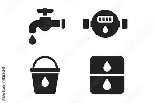 Water conservation solid icon set, dripping faucet, water meter, bucket water collection, dual storage, black vector illustration for saving water, plumbing utilities, eco-friendly solutions