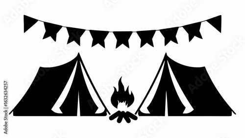 Silhouette of two tents with a campfire in between and a string of flags above them all in black