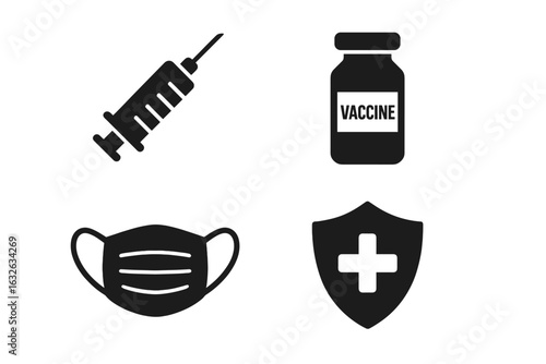 Vaccination and Immunization Vector Icon Set, Syringe Injection, Vaccine Vial, Medical Face Mask, Health Shield, Virus Protection, Disease Prevention, Immunity, Pandemic Safety, Healthcare Concept
