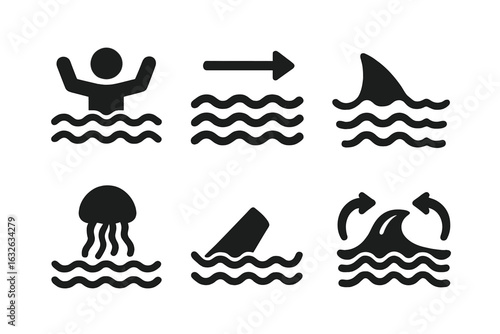 Water hazard danger icons set. Black solid vector signs for drowning, strong current, shark fin, jellyfish, capsizing boat, rip tide warning. Swimming safety symbols, beach ocean risk pictogram