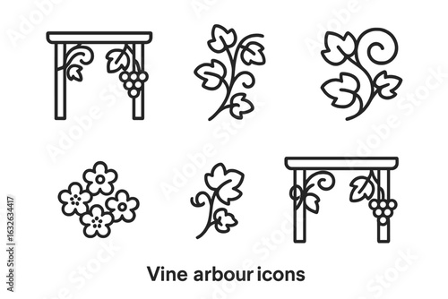 Vine Arbor Icons Set. Outline Black Line Grapevine Arbor, Pergola with Grapes, Climbing Vine Leaf Swirl, Floral Blossom Cluster. Vineyard Garden Trellis Vector Illustration Collection