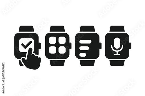 Smartwatch User Interface Icons Set. Wearable Technology Touchscreen Display, App Menu, Control Buttons, Voice Command Microphone. Solid Black Silhouette Symbol Collection for Mobile and Tech Design
